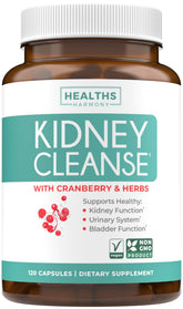 Healths Harmony Kidney Cleanse bottle label highlights cranberry extract support for kidney health.