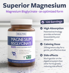 Healths Harmony magnesium capsules close-up showing 200 mg per serving.