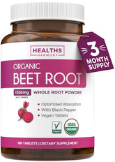 Healths Harmony Organic Beet Root Tablets bottle shows premium formula for daily energy support.