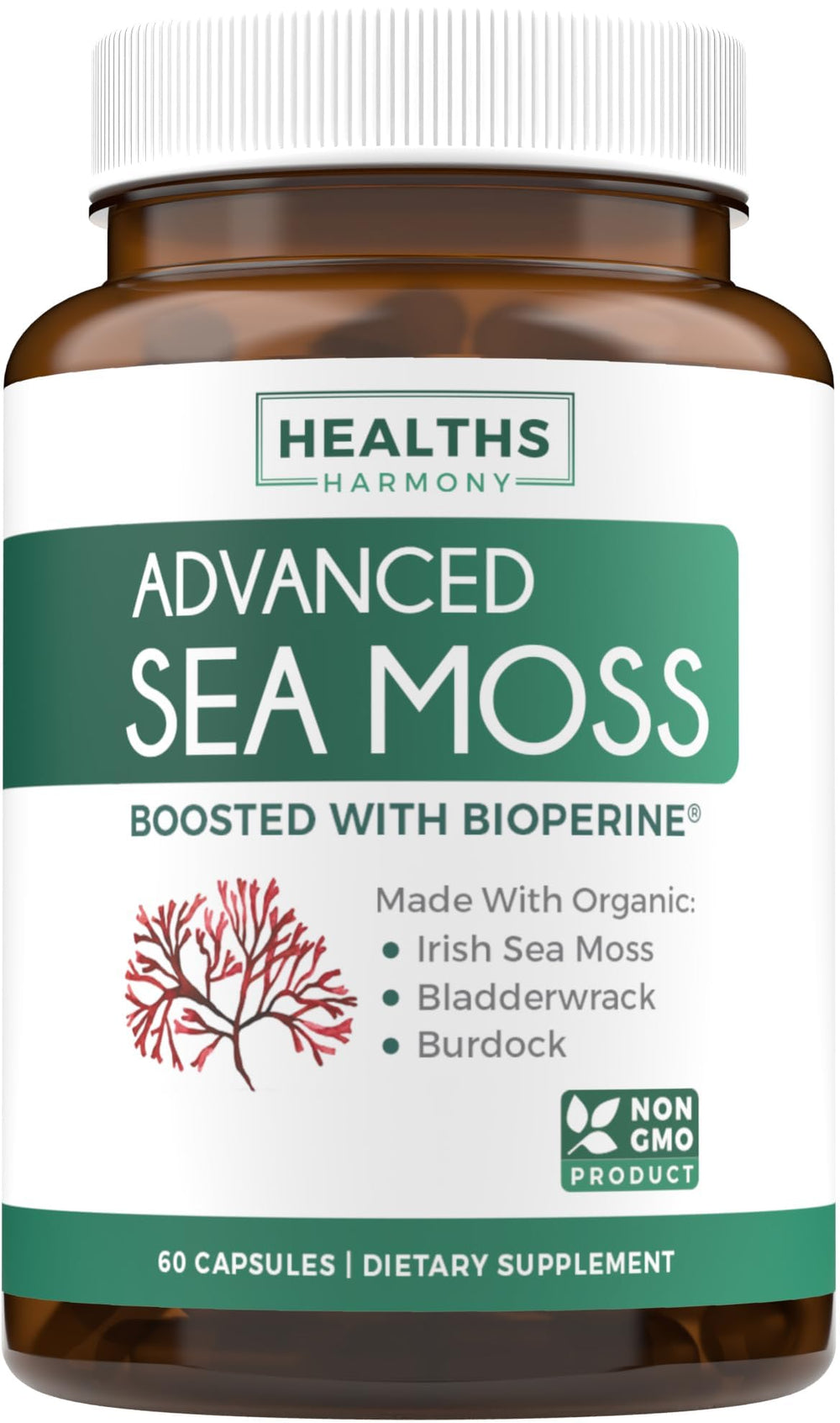 Healths Harmony Organic Irish Sea Moss Capsules bottle front for daily nutrition.