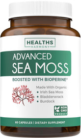 Healths Harmony Organic Irish Sea Moss Capsules bottle front for daily nutrition.