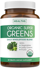 Healths Harmony Organic Super Greens tablets bottle for daily nutrition on busy days