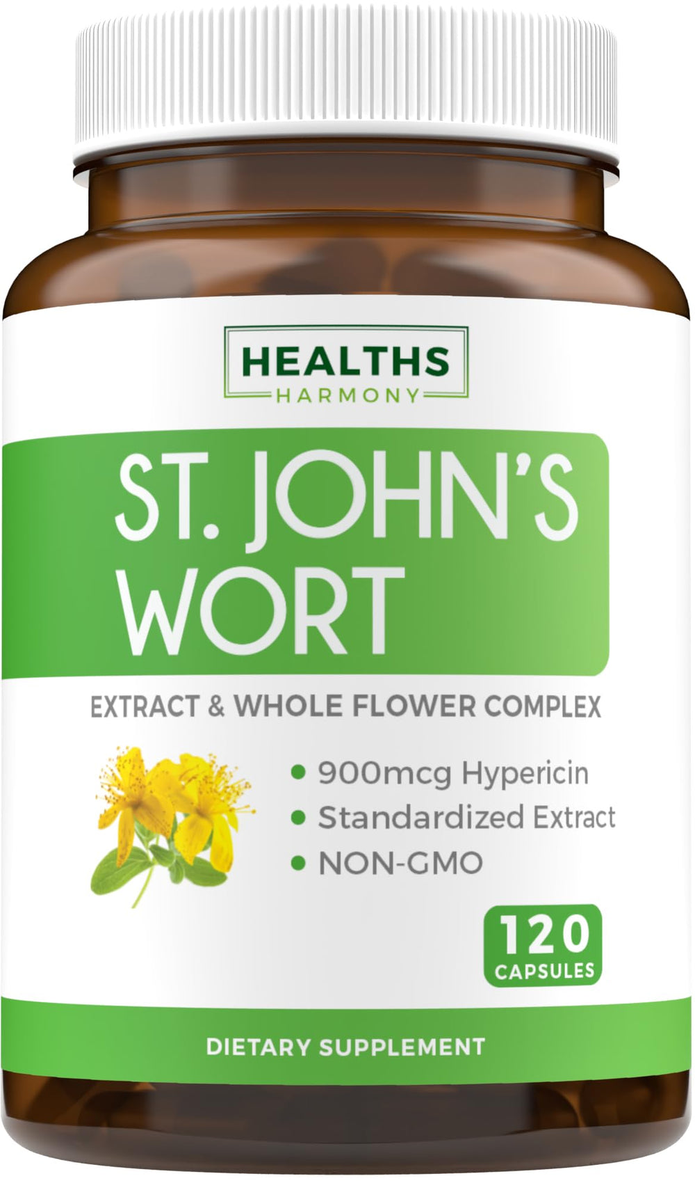 Healths Harmony St John's Wort capsules bottle front, vegan mood-support supplement.
