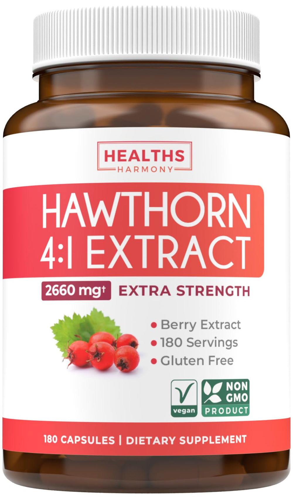 Healths Harmony Hawthorn Berry Extract capsules bottle front may support heart health and daily wellness
