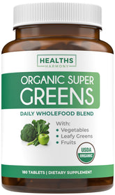 Healths Harmony USDA Organic Super Greens tablets in a bottle for convenient daily nutrition