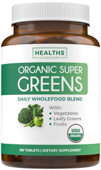 Healths Harmony USDA Organic Super Greens tablets in a bottle for convenient daily nutrition