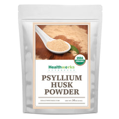 Healthworks Psyllium Husk Powder organic bottle front supports daily fiber intake.