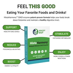 Healthy Gut HistaHarmony DAO enzymes graphic illustrating rapid histamine processing.