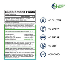 Healthy Gut HistaHarmony tablets close-up, highlighting 30,000 HDU DAO for histamine metabolism.