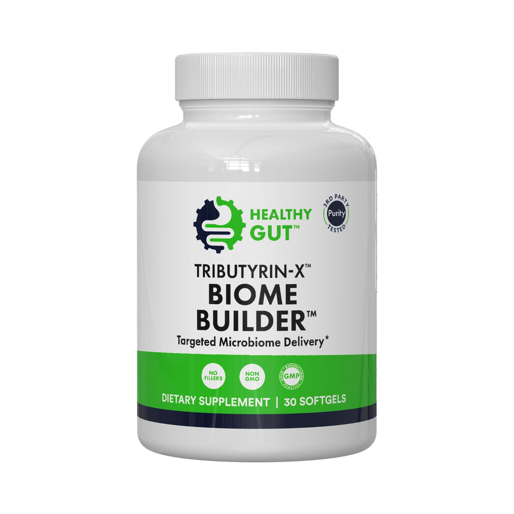 Healthy Gut Tributyrin-X bottle label highlights purity and dosage.