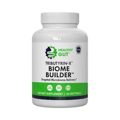 Healthy Gut Tributyrin-X bottle label highlights purity and dosage.
