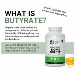 Healthy Gut Tributyrin-X label detail highlights 99.9% purity and odor-free design.