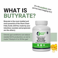 Healthy Gut Tributyrin-X odorless capsules for burp-free consumption.
