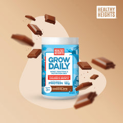 Healthy Heights Grow Daily chocolate protein powder closeup for daily nutrition