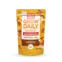Healthy Heights Grow Daily chocolate protein powder tub for steady growth support.