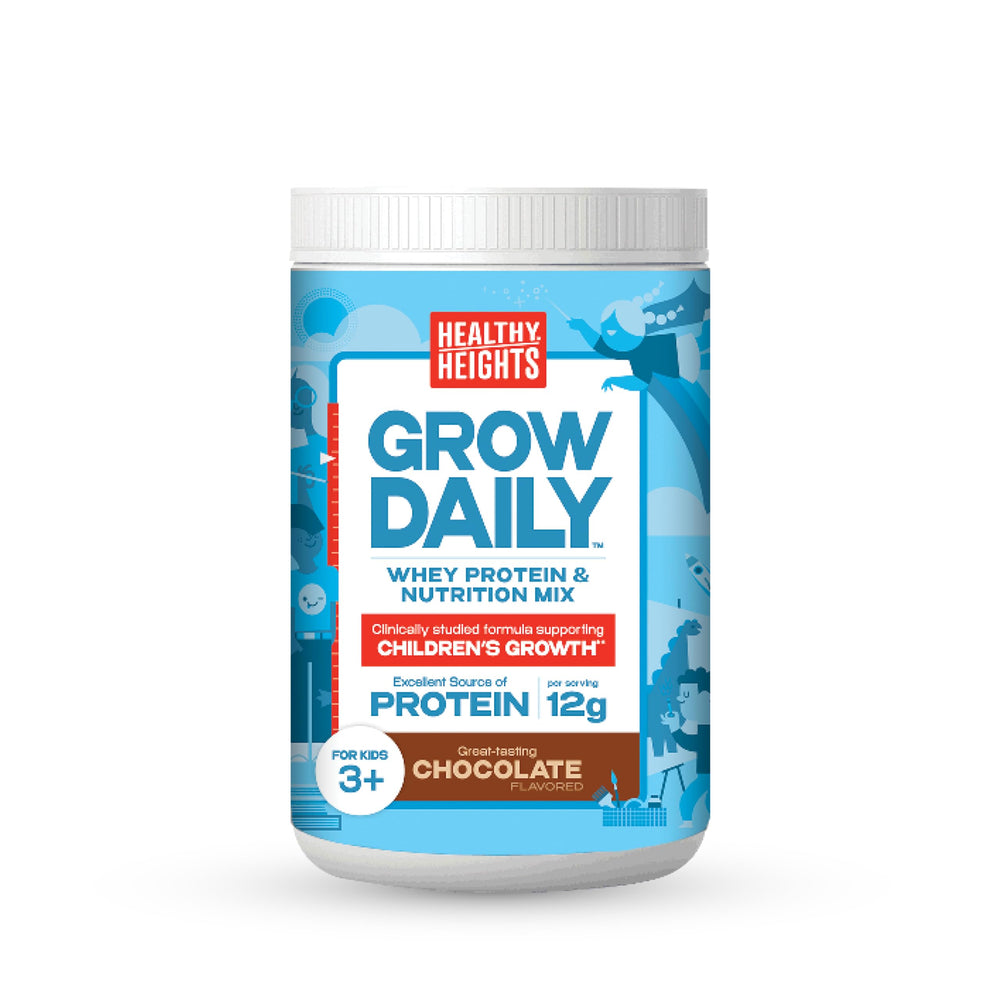 Healthy Heights Grow Daily chocolate canister highlighting kid-friendly protein support
