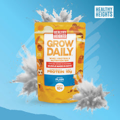 Healthy Heights Grow Daily label highlighting 18g whey protein per serving
