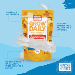 Pouring Healthy Heights Grow Daily plain protein powder into a shake