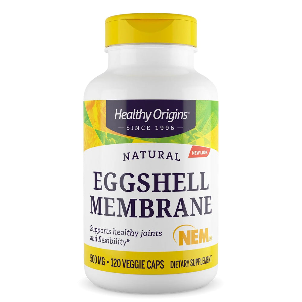Healthy Origins eggshell membrane bottle label highlights joint support ingredients for mobility.