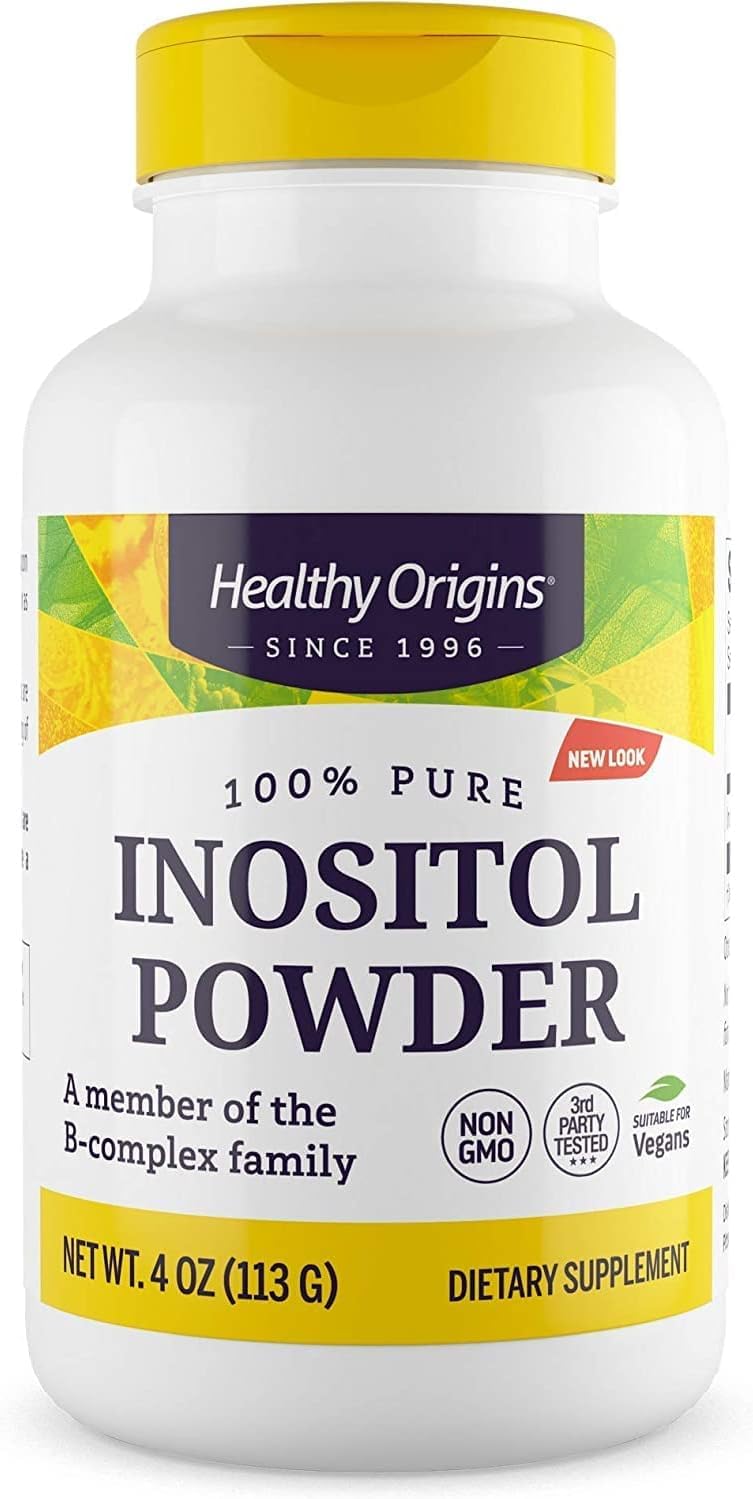 Healthy Origins Inositol Powder bottle close-up showing vegan, gluten-free formula for daily wellness.