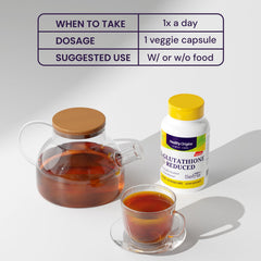 Healthy Origins L-Glutathione ingredients panel lists L-Cysteine, glutamic acid, and glycine.