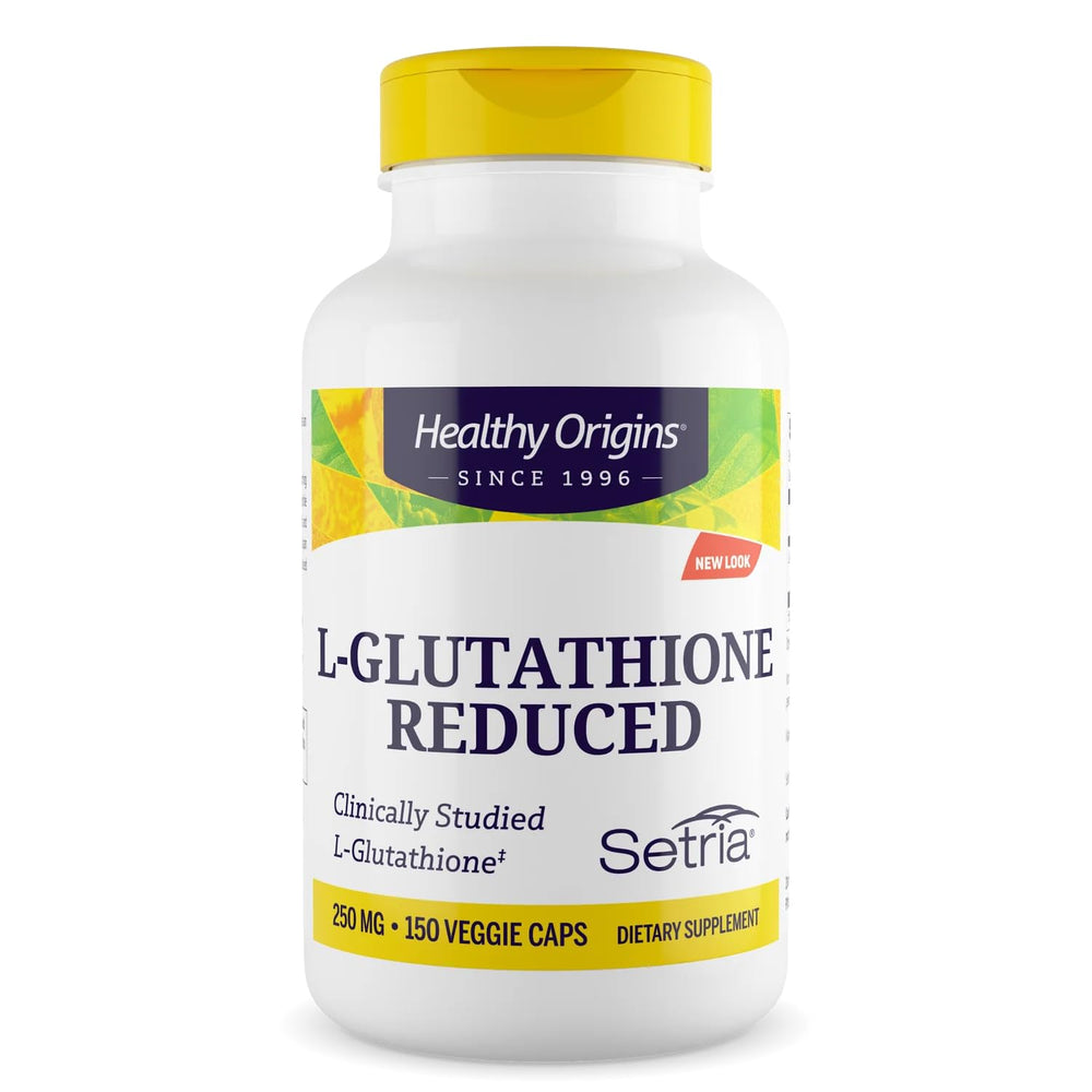 Healthy Origins L-Glutathione bottle label highlights Setria for daily antioxidant support.
