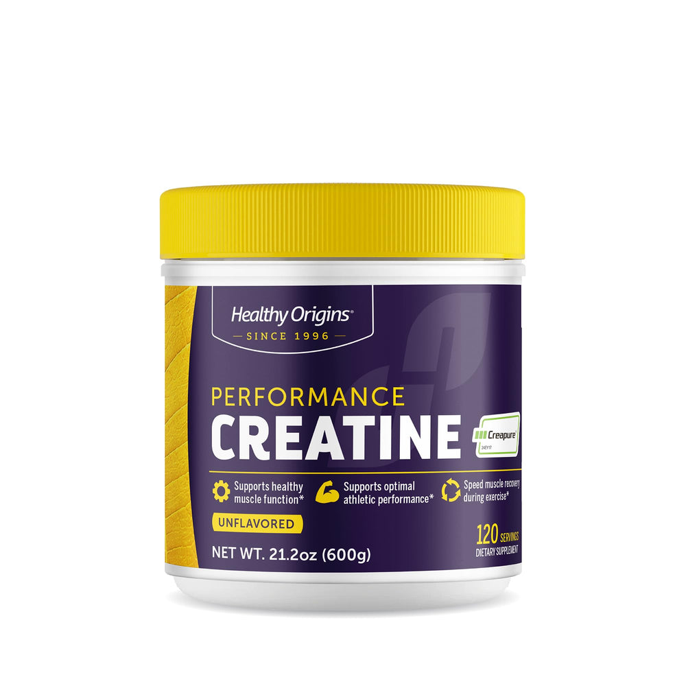 Healthy Origins Performance Creatine bottle with Creapure label, ideal for workouts.