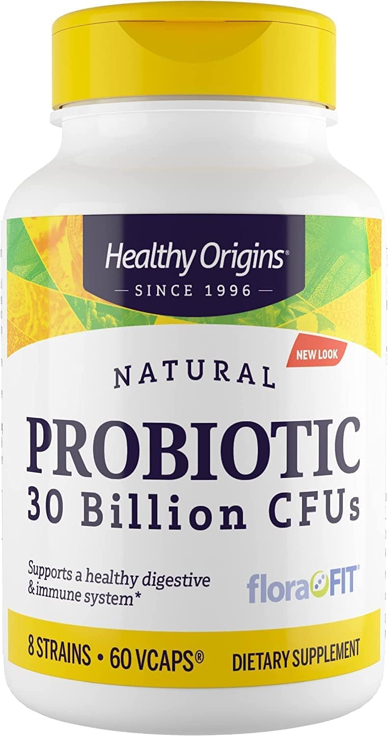 Healthy Origins probiotic bottle front view, shelf-stable formula for daily digestion
