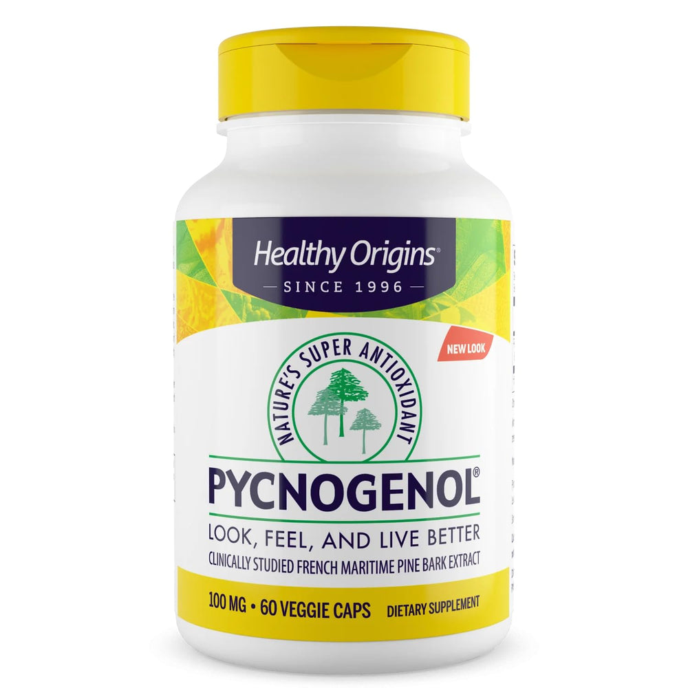 Healthy Origins Pycnogenol 100 mg bottle front view highlighting antioxidant support for skin and joints