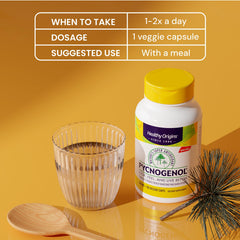 Pycnogenol bottle with water illustrating easy daily use