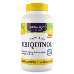 Healthy Origins Ubiquinol 50 mg bottle highlighting active CoQ10 form for energy support.