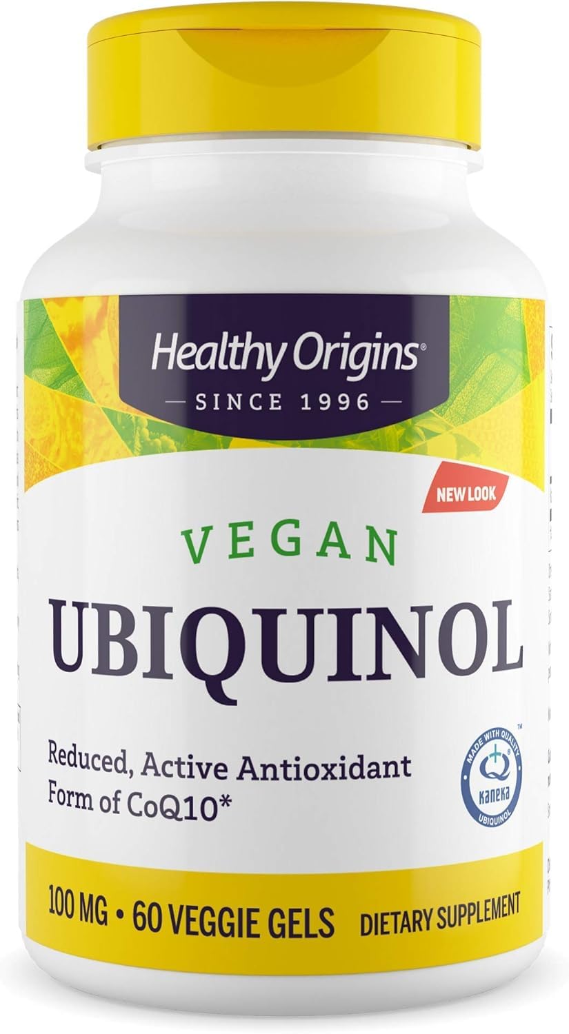 Healthy Origins vegan ubiquinol 100 mg bottle for daily use.