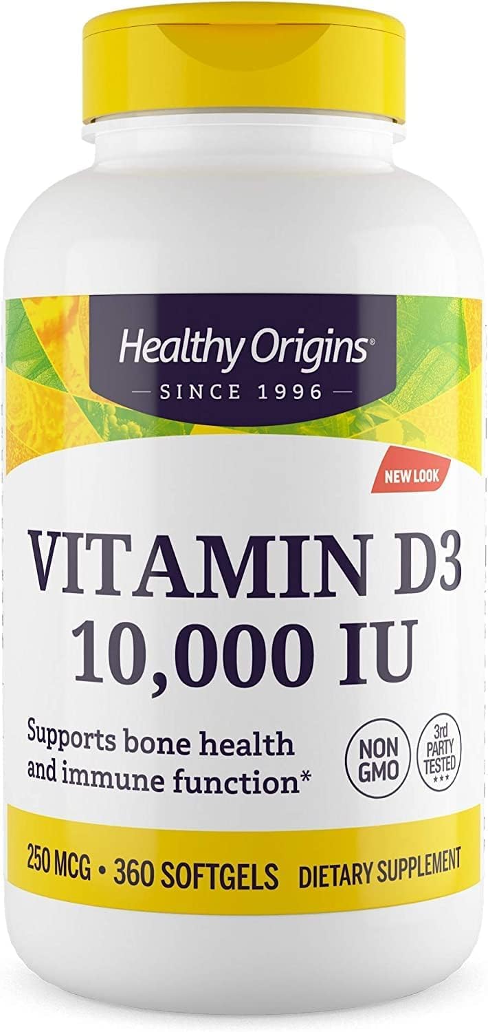 Healthy Origins Vitamin D3 10,000 IU bottle front for bone support.
