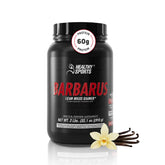 Barbarus vanilla protein powder tub highlights premium non-GMO formula for daily shakes