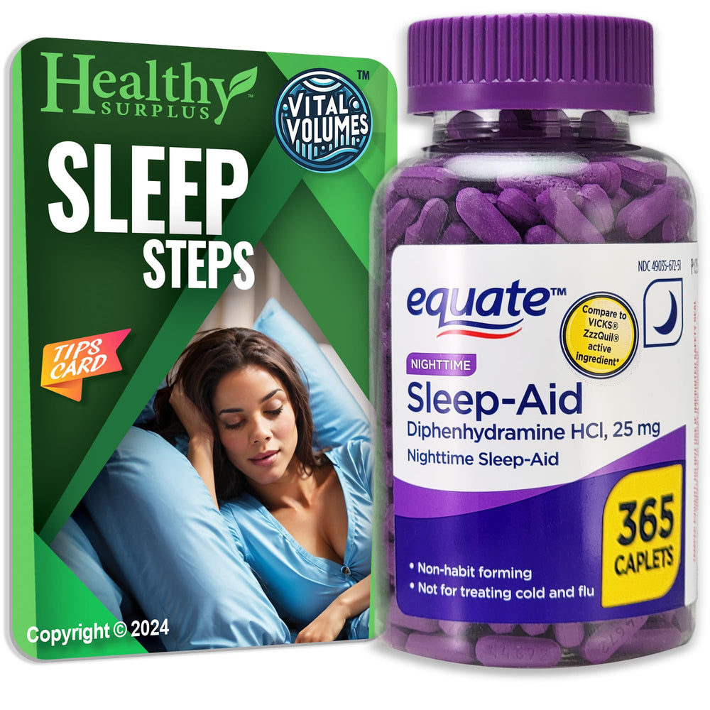 Healthy Surplus Equate Sleep-Aid caplets bottle for restful nights at home or travel