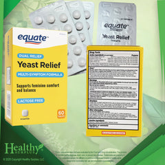 Healthy Surplus Equate Yeast Relief tablets close-up showing pill form.