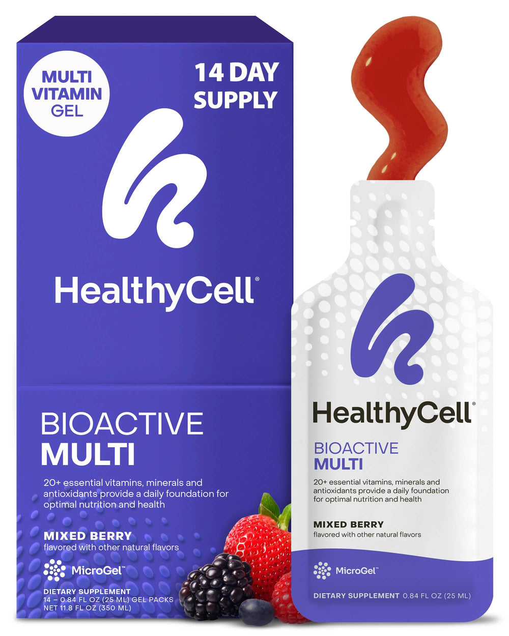 HealthyCell Bioactive daily liquid multivitamin berry gel pack ready for daily use and flavor