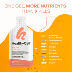 HealthyCell Focus & Recall packaging label shows vegan and non-GMO ingredients.