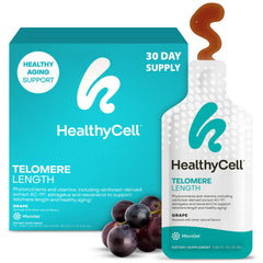 HealthyCell telomere-length supplement bottle showing grape flavor for daily cellular support.