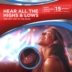 Hearos ear plugs ergonomic fit close-up highlights comfortable seal for long concerts.