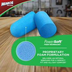 Hearos Xtreme foam earplugs blue closeup highlight comfortable, hypoallergenic material.