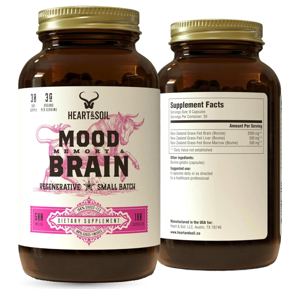 Heart & Soil grass-fed brain bottle highlights complete brain support for focus and clarity