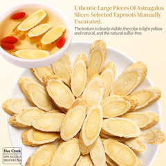 Hee Creek astragalus root slices, close-up of large pale-yellow slices for tea.