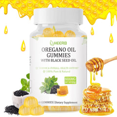 HEERB oregano oil gummies bottle shows 4X potency for daily immune and gut balance.