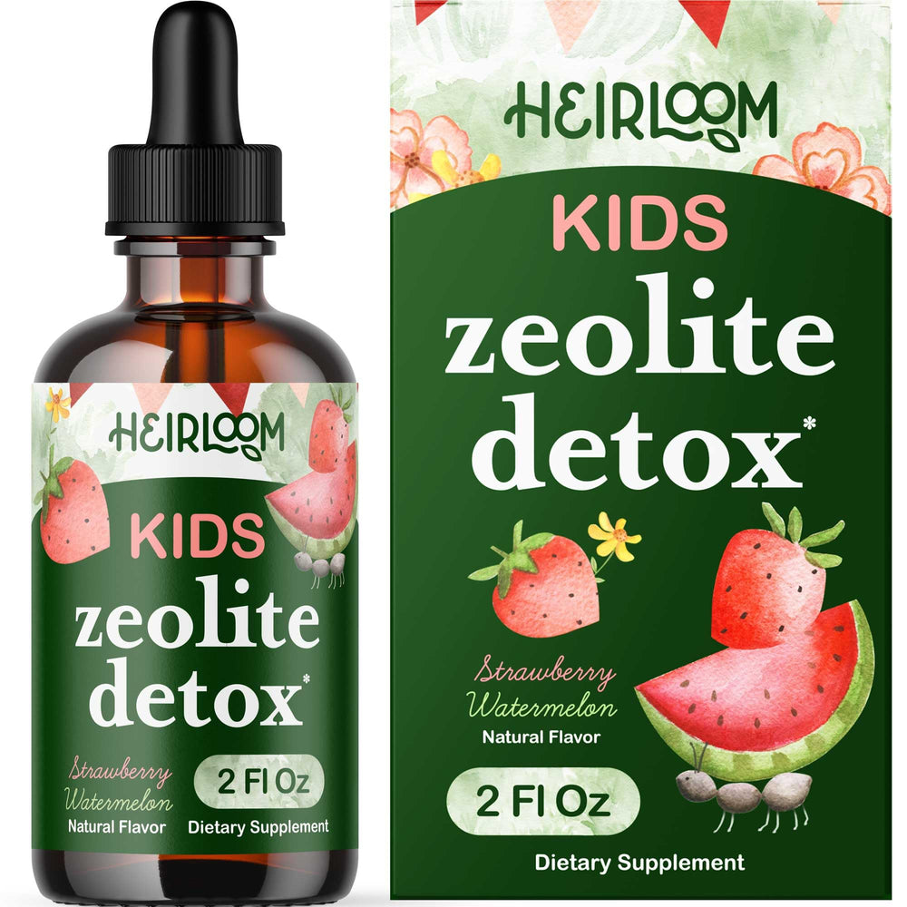 Heirloom Zeolite Detox for Kids bottle pour showing easy daily dosing