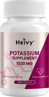Heivy Potasio 1020 mg en botella, posible apoyo al equilibrio electrolítico diario.