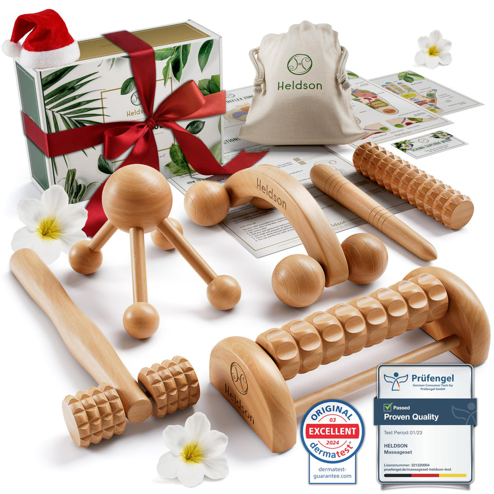 HELDSON wood therapy massage kit with six pieces for smooth body contouring at home.