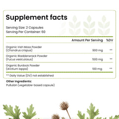 Hello Health Organic Sea Moss Capsules label shows key ingredients and vegan, gluten-free features.