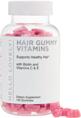 Hello Lovely! Hair Vitamins Gummies bottle highlights Biotin formula for potential hair growth support.