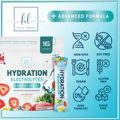 Hello Lovely electrolyte packets dissolving in water for fast refreshment.